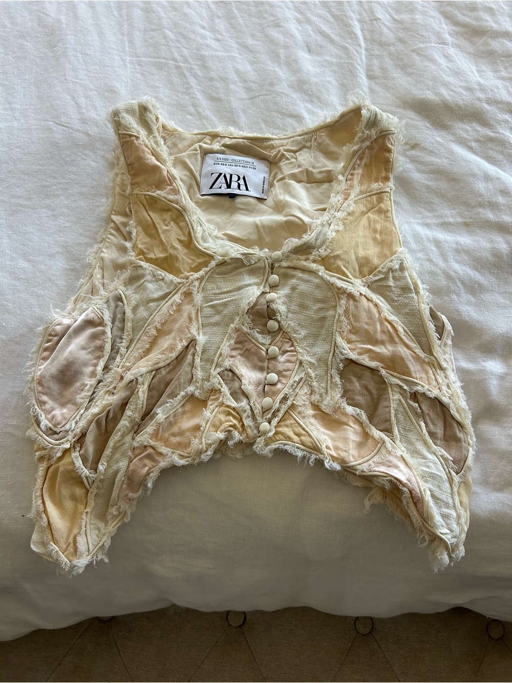 ZARA Silk Cream and Blush Patchwork Sleeveless Button Vest